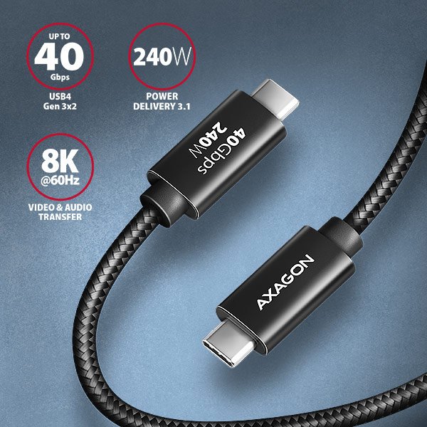 AXAGON BUCM4X-CM05AB NewGEN+ kabel USB-C <-> USB-C, 0.5m, USB4 Gen 3×2, PD 240W 5A, 8K HD, ALU,oplet - obrázek č. 1