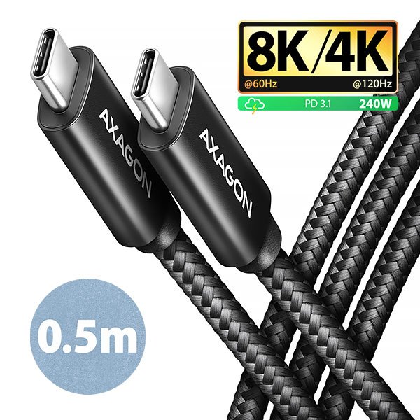 AXAGON BUCM4X-CM05AB NewGEN+ kabel USB-C <-> USB-C, 0.5m, USB4 Gen 3×2, PD 240W 5A, 8K HD, ALU,oplet - obrázek produktu