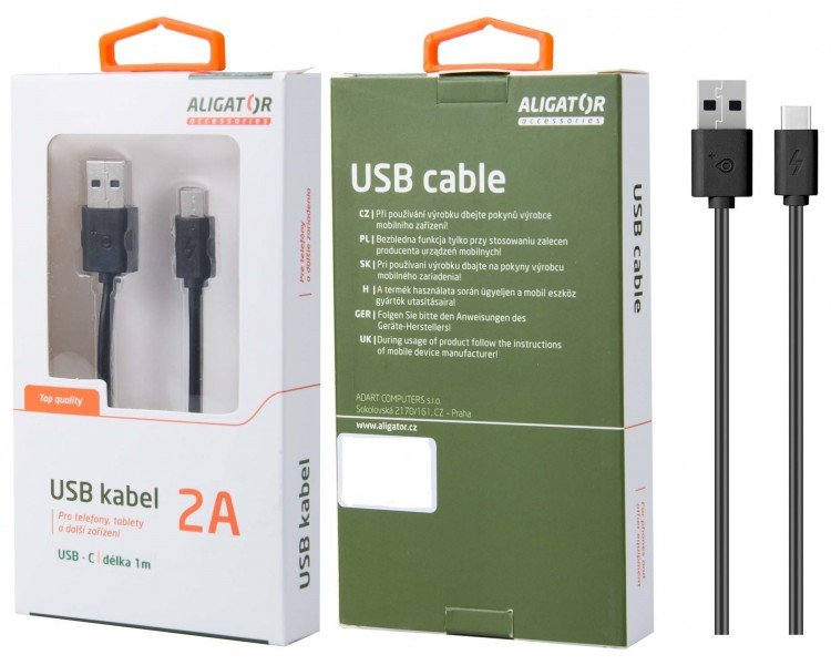 Datový kabel , USB-C, 2A, 1m, prodloužený konektor 9mm, černý - obrázek produktu