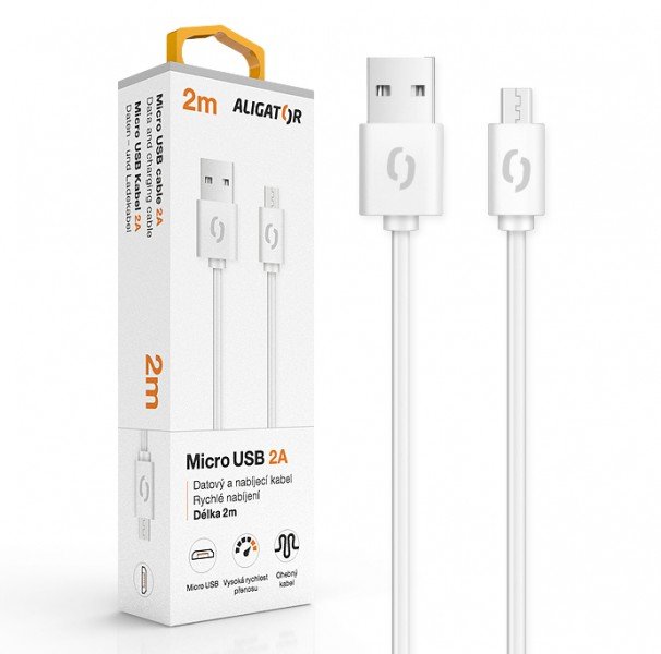 ALIGATOR Datový kabel 2A micro USB 2m, bílý - obrázek č. 1