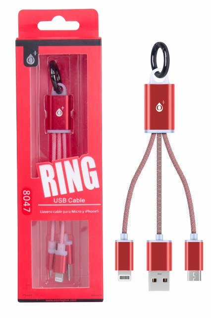 Nabíjecí kabel PLUS 2v1 Micro USB + iPhone Lightning, přívěšek na klíče, (8047), červený - obrázek produktu