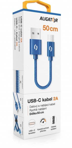 ALIGATOR PREMIUM 2A kabel, 50cm USB-C, modrá - obrázek č. 1