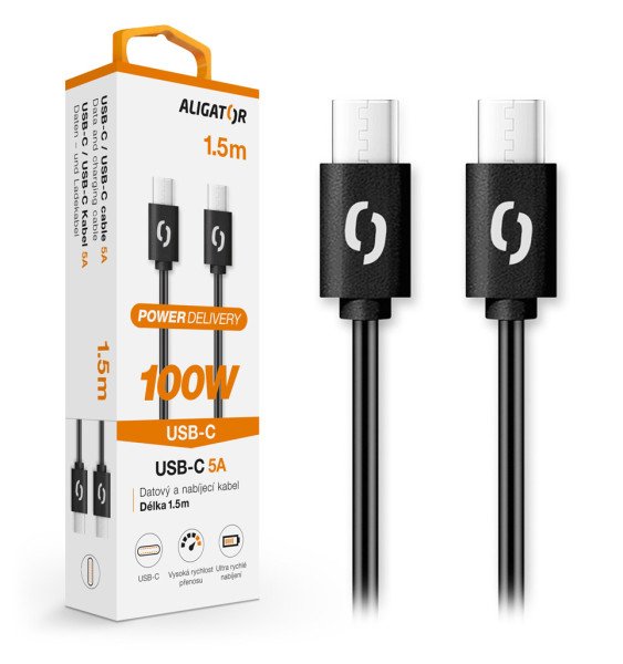 Datový kabel ALIGATOR POWER 100W, USB-C/ USB-C 5A, 1,5m černý - obrázek produktu