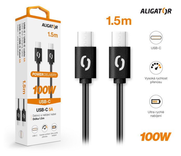Datový kabel ALIGATOR POWER 100W, USB-C/ USB-C 5A, 1,5m černý - obrázek č. 1