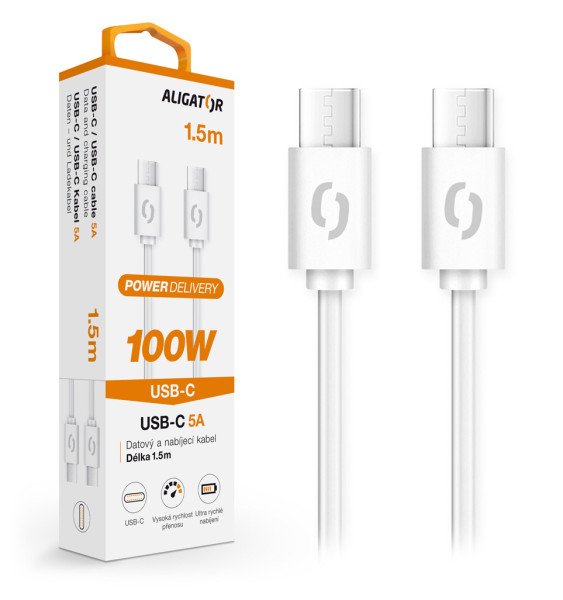 Datový kabel ALIGATOR POWER 100W, USB-C/ USB-C 5A, 1,5m bílý - obrázek produktu