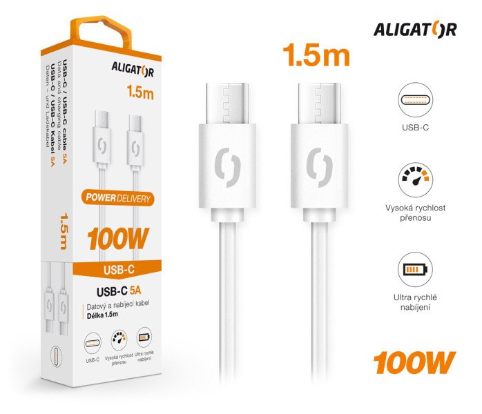 Datový kabel ALIGATOR POWER 100W, USB-C/ USB-C 5A, 1,5m bílý - obrázek č. 1
