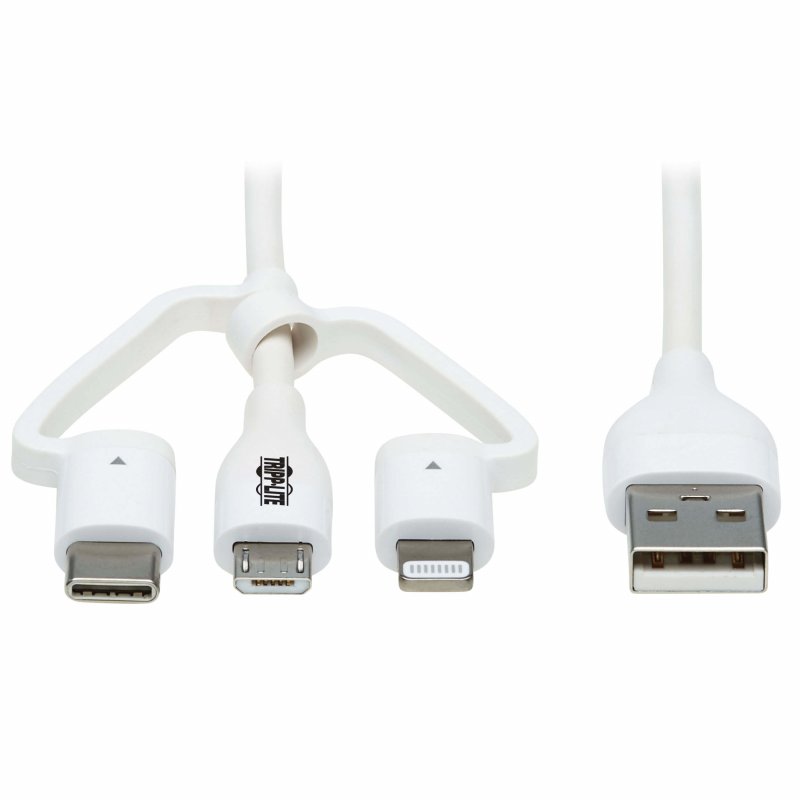 Tripplite Kabel USB-A/ Light.+Micro-B+USB-C,Synch/ Nabíjení,MFi,Samec/ 3xSamec,Safe-IT Antib,bílá,1.2m - obrázek produktu
