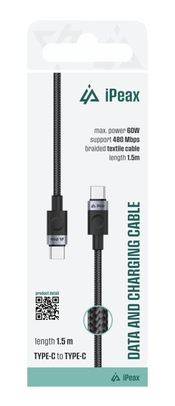 TEXTILNÍ KABEL USB-C  /  USB-C 1,5M, USB 2.0 ČERNÝ - obrázek produktu