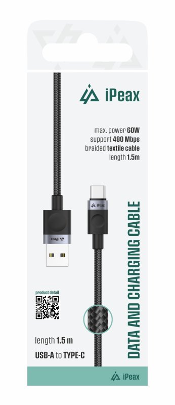 TEXTILNÍ KABEL USB-A  /  USB-C 1,5M, USB 2.0 ČERNÝ - obrázek produktu
