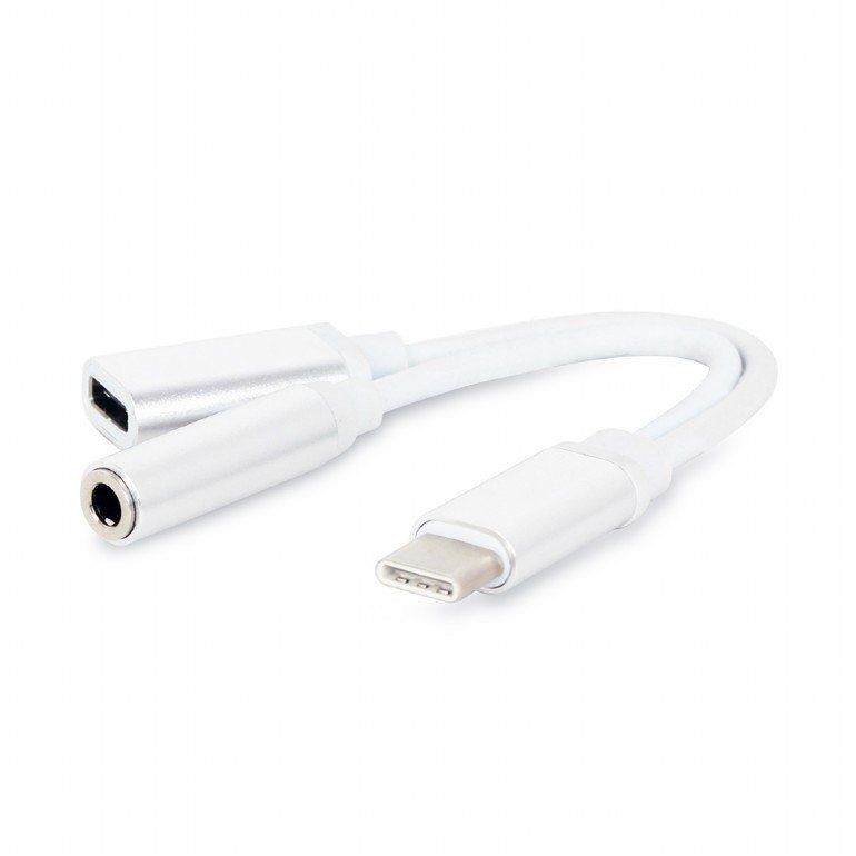 GEMBIRD USB type-C plug to stereo 3.5 mm audio adapter cable, with extra power socket, white - obrázek produktu