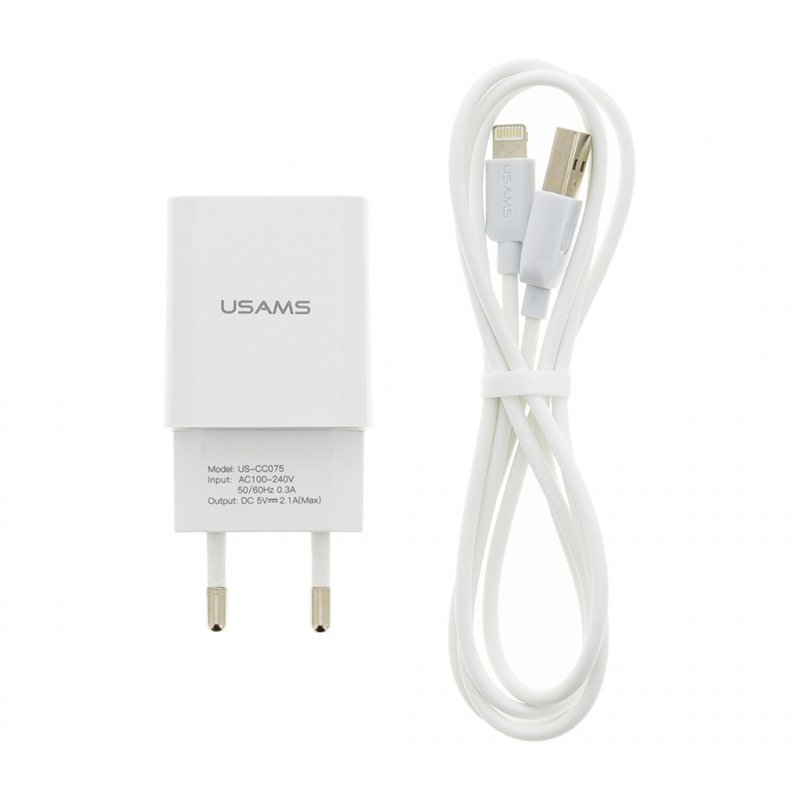 USAMS T21 USB 2A Cest. Nab. + Lightning Kabel White - obrázek produktu