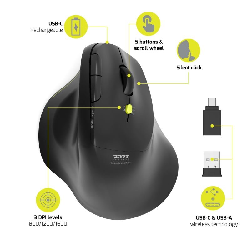 PORT CONNECT ERGO SOFT COLLECTION / Vertikální / Optická / Pro praváky / 1 600 DPI / USB+BT / Černá - obrázek č. 5