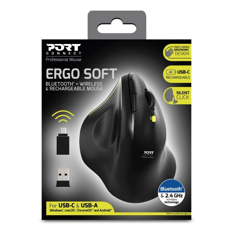 PORT CONNECT ERGO SOFT COLLECTION / Vertikální / Optická / Pro praváky / 1 600 DPI / USB+BT / Černá - obrázek č. 8