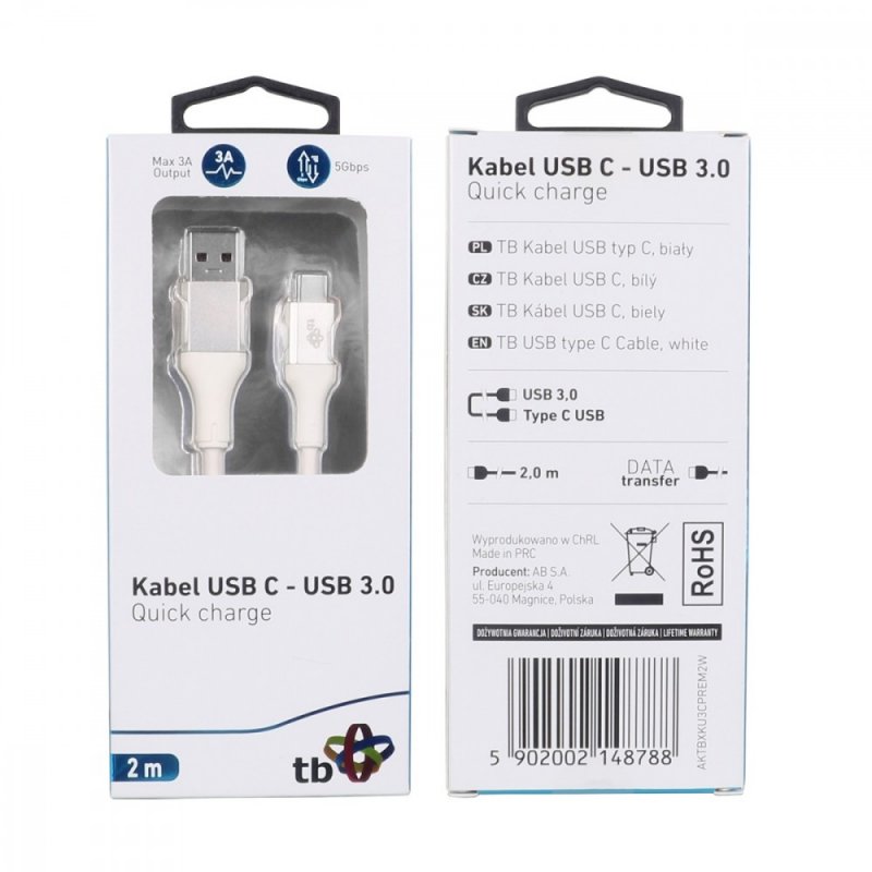 TB USB 3.0/ USB-C 2m premium 3A bílý - obrázek produktu