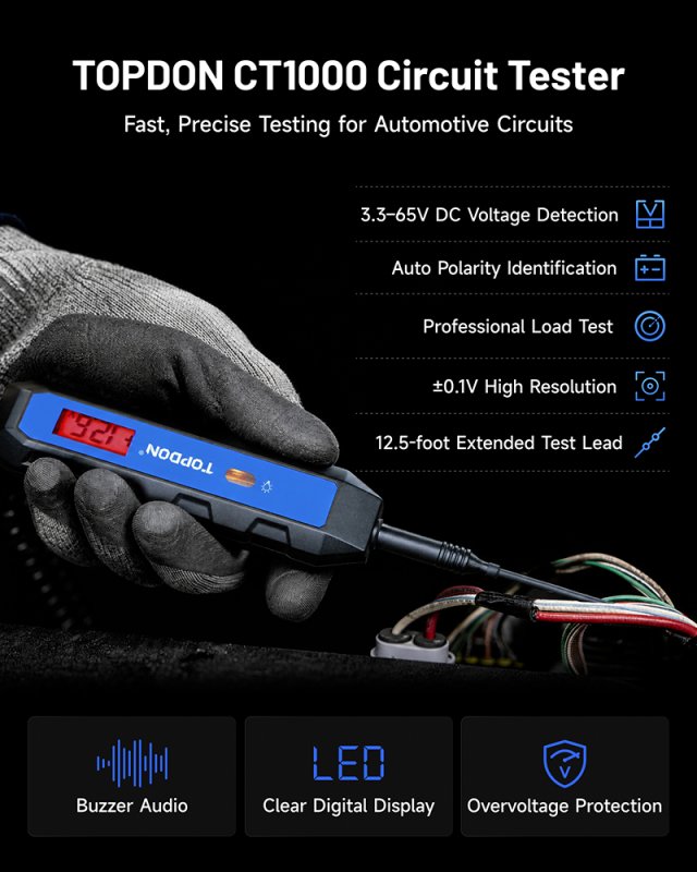 TOPDON Tester automobilových elektrických obvodů CT100 / 12V, 24V, 36V / měření 3,3-65VDC / max 1,2A - obrázek č. 5
