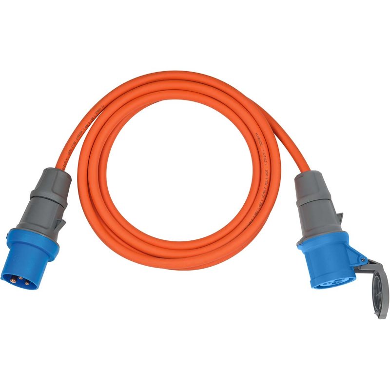 CEE prodlužovací kabel 5m (Camping Extension Cable H07RN-F 3G2.5 v oranžové barvě s CEE zástrčkou a spojkou s těsnícím uzávěrem - obrázek produktu