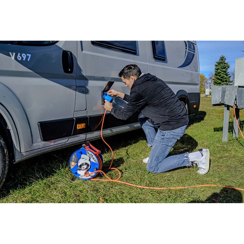 CEE kabelový naviják s 23+2m RN kabelem v oranžové barvě (camping kabelový naviják s CEE rohovou spojkou vč. zásuvky + CEE vidli - obrázek č. 8