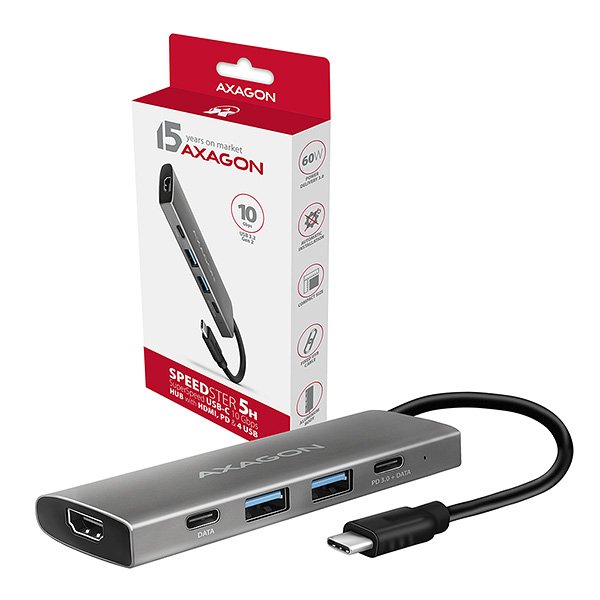 AXAGON HMC-5G2, USB 3.2 Gen 2 10 Gb/ s hub, porty 2x USB-A, 2x USB-C, HDMI, PD 60W, kabel USB-C 13cm - obrázek produktu