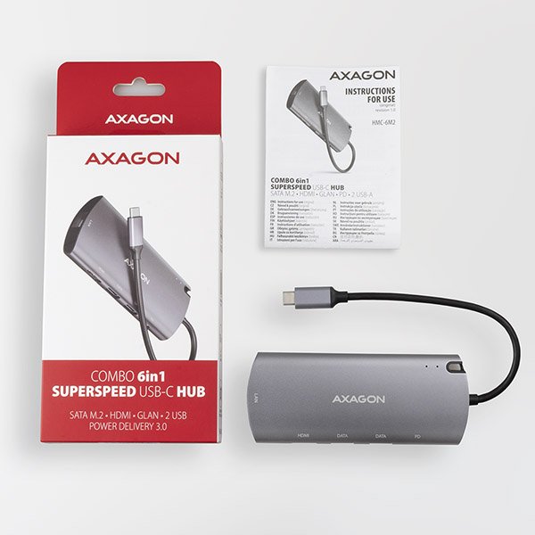 AXAGON HMC-6M2, USB 3.2 Gen 1 hub, 2x USB-A, HDMI, RJ-45 GLAN, SATA M.2, PD 100W, kabel USB-C 18cm - obrázek č. 5