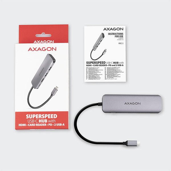 AXAGON HMC-5, USB 3.2 Gen 1 hub, porty 2x USB-A, HDMI, SD/ microSD slot, PD 100W, kabel USB-C 20cm - obrázek č. 8