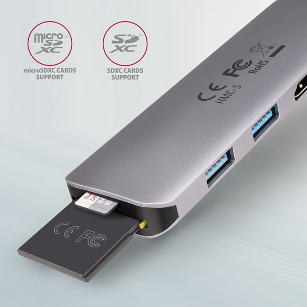 AXAGON HMC-5, USB 3.2 Gen 1 hub, porty 2x USB-A, HDMI, SD/ microSD slot, PD 100W, kabel USB-C 20cm - obrázek produktu