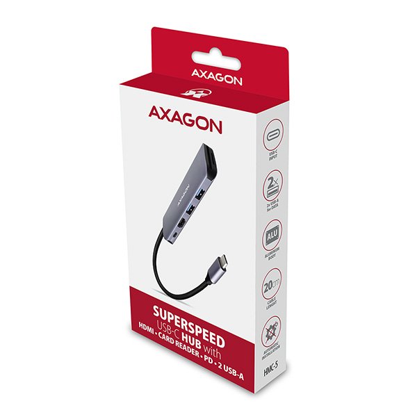 AXAGON HMC-5, USB 3.2 Gen 1 hub, porty 2x USB-A, HDMI, SD/ microSD slot, PD 100W, kabel USB-C 20cm - obrázek č. 9