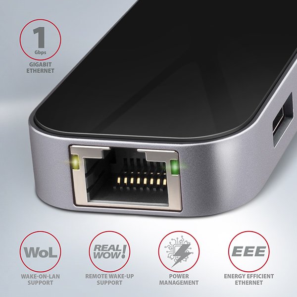 AXAGON HMC-6GL, USB 3.2 Gen 1 hub, 3x USB-A, HDMI 4k/ 30Hz, RJ-45 GLAN, PD 100W, kabel USB-C 20cm - obrázek č. 2