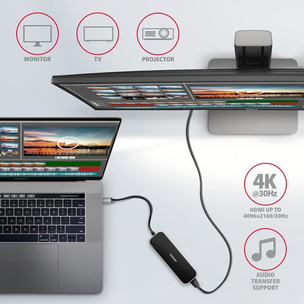 AXAGON HMC-6H4A, USB 3.2 Gen 1 hub, porty 4x USB-A, HDMI 4k/ 30Hz, PD 100W, kabel USB-C 20cm - obrázek č. 2