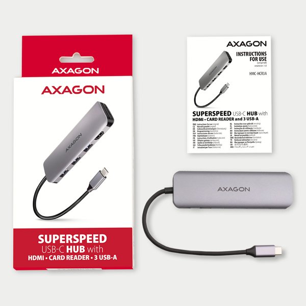AXAGON HMC-HCR3A, USB 3.2 Gen 1 hub, porty 3x USB-A, HDMI 4k/ 30Hz, SD/ microSD, kabel USB-C 20cm - obrázek č. 7