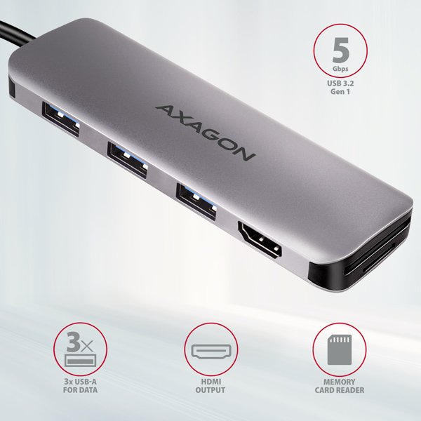 AXAGON HMC-HCR3A, USB 3.2 Gen 1 hub, porty 3x USB-A, HDMI 4k/ 30Hz, SD/ microSD, kabel USB-C 20cm - obrázek č. 1