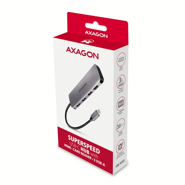 AXAGON HMC-HCR3A, USB 3.2 Gen 1 hub, porty 3x USB-A, HDMI 4k/ 30Hz, SD/ microSD, kabel USB-C 20cm - obrázek č. 8