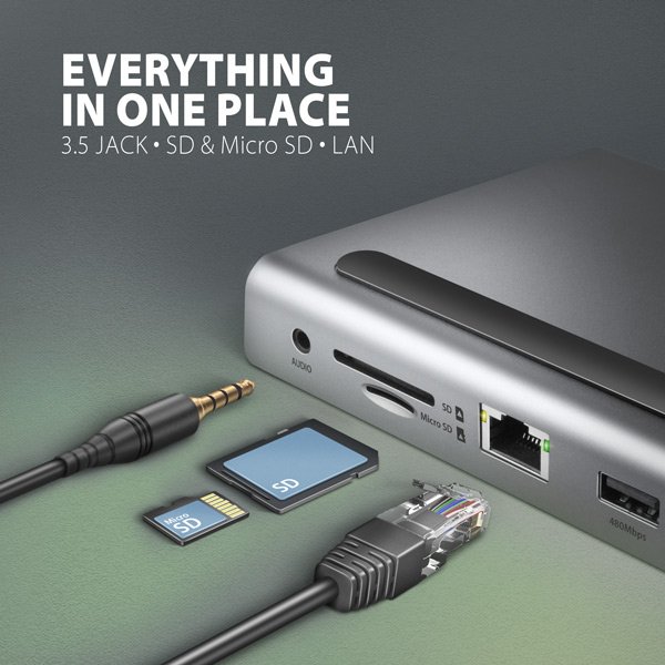 AXAGON HMC-4KX3 USB 5Gbps hub, 3x USB-A, 2x HDMI, DP, RJ-45, SD/ microSD, audio, PD 100W, kabel 40cm - obrázek č. 10