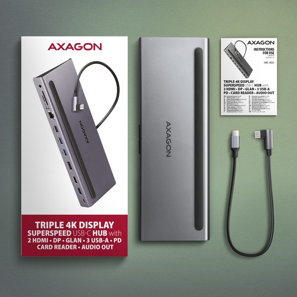 AXAGON HMC-4KX3 USB 5Gbps hub, 3x USB-A, 2x HDMI, DP, RJ-45, SD/ microSD, audio, PD 100W, kabel 40cm - obrázek č. 4