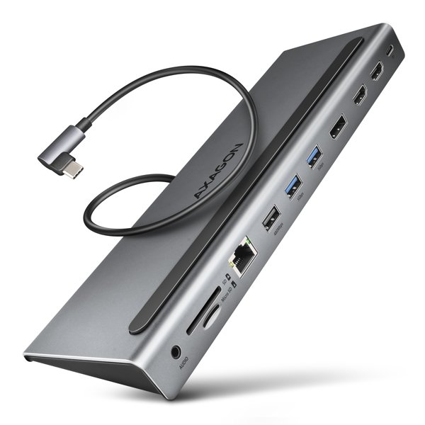 AXAGON HMC-4KX3 USB 5Gbps hub, 3x USB-A, 2x HDMI, DP, RJ-45, SD/ microSD, audio, PD 100W, kabel 40cm - obrázek produktu