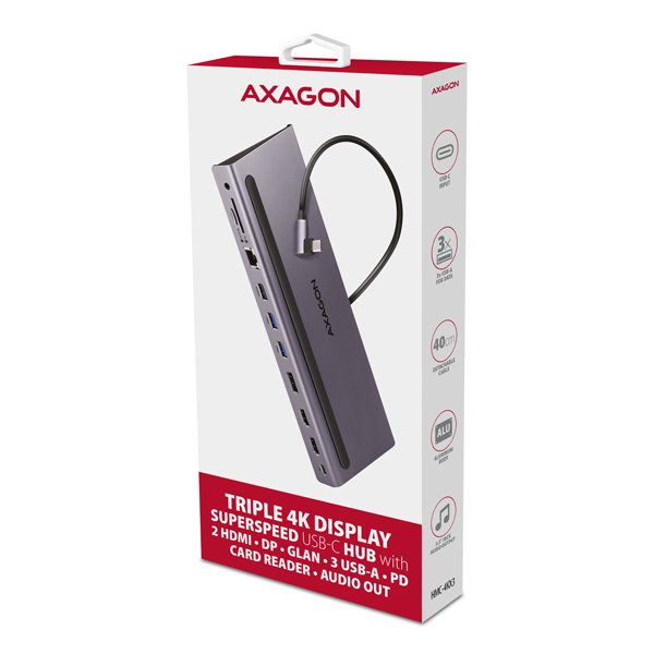 AXAGON HMC-4KX3 USB 5Gbps hub, 3x USB-A, 2x HDMI, DP, RJ-45, SD/ microSD, audio, PD 100W, kabel 40cm - obrázek č. 5
