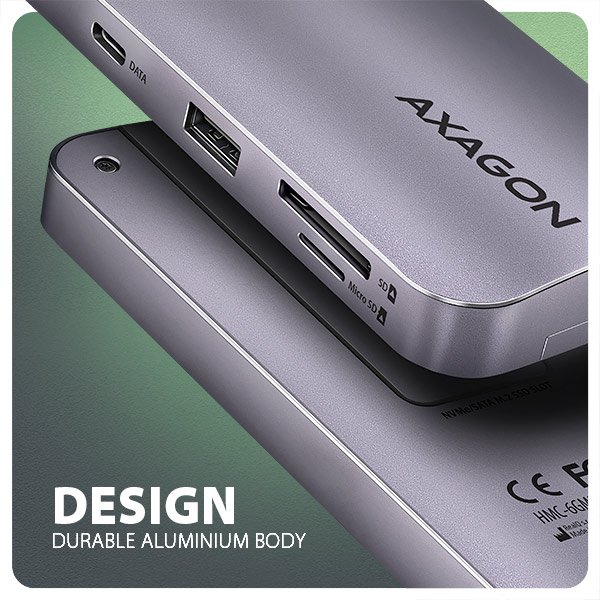 AXAGON HMC-6GM2, USB 10Gbps hub, USB-A, USB-C,  HDMI, M.2 slot, SD/ MicroSD, PD 100W, kabel 20cm - obrázek č. 5