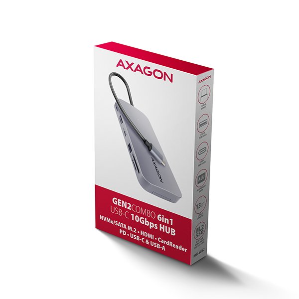 AXAGON HMC-6GM2, USB 10Gbps hub, USB-A, USB-C,  HDMI, M.2 slot, SD/ MicroSD, PD 100W, kabel 20cm - obrázek č. 9