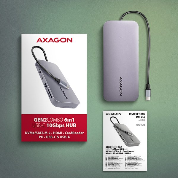 AXAGON HMC-6GM2, USB 10Gbps hub, USB-A, USB-C,  HDMI, M.2 slot, SD/ MicroSD, PD 100W, kabel 20cm - obrázek č. 8