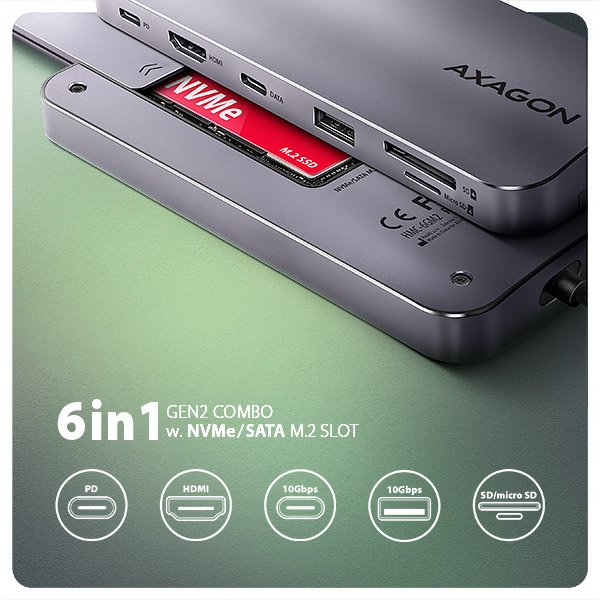 AXAGON HMC-6GM2, USB 10Gbps hub, USB-A, USB-C,  HDMI, M.2 slot, SD/ MicroSD, PD 100W, kabel 20cm - obrázek č. 1