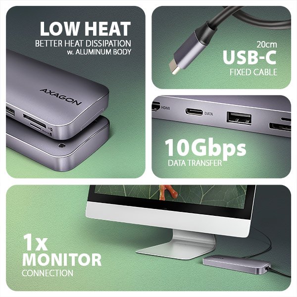 AXAGON HMC-6GM2, USB 10Gbps hub, USB-A, USB-C,  HDMI, M.2 slot, SD/ MicroSD, PD 100W, kabel 20cm - obrázek č. 4