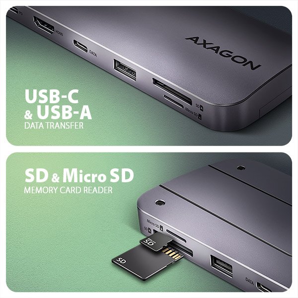 AXAGON HMC-6GM2, USB 10Gbps hub, USB-A, USB-C,  HDMI, M.2 slot, SD/ MicroSD, PD 100W, kabel 20cm - obrázek č. 2