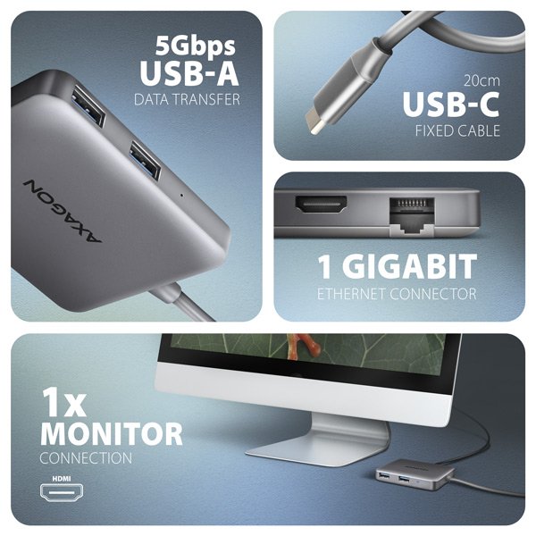 AXAGON HMC-5HL USB 5Gbps hub, 2x USB-A, HDMI 4k/ 60Hz, RJ-45 GLAN, PD 100W, kabel USB-C 20cm - obrázek č. 2