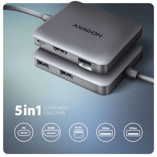 AXAGON HMC-5HL USB 5Gbps hub, 2x USB-A, HDMI 4k/ 60Hz, RJ-45 GLAN, PD 100W, kabel USB-C 20cm - obrázek č. 1