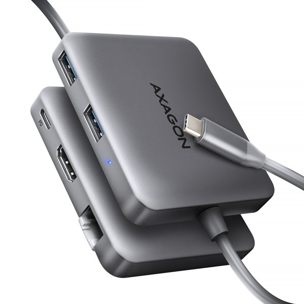 AXAGON HMC-5HL USB 5Gbps hub, 2x USB-A, HDMI 4k/ 60Hz, RJ-45 GLAN, PD 100W, kabel USB-C 20cm - obrázek produktu