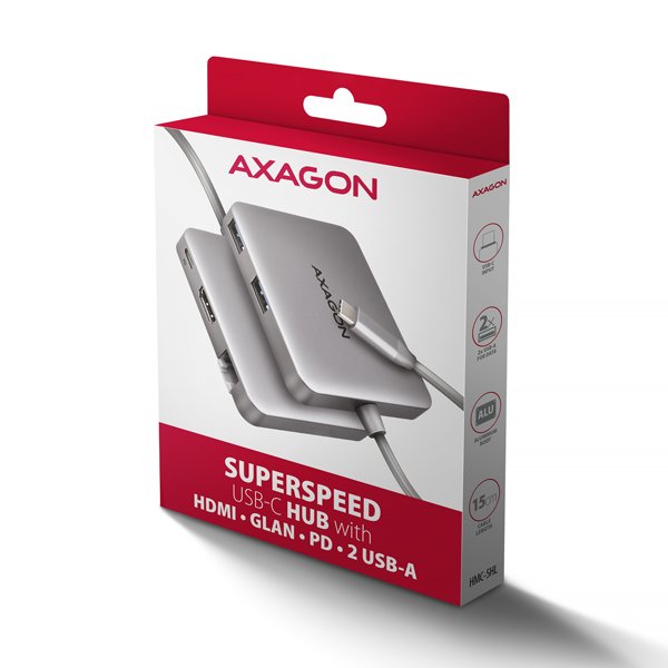 AXAGON HMC-5HL USB 5Gbps hub, 2x USB-A, HDMI 4k/ 60Hz, RJ-45 GLAN, PD 100W, kabel USB-C 20cm - obrázek č. 6