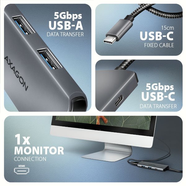 AXAGON HMC-5H8K, USB 5Gbps hub, 2x USB-A, USB-C, HDMI 8k/ 30Hz, PD 100W, kabel USB-C 15cm - obrázek č. 2