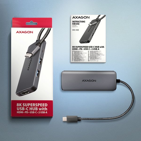 AXAGON HMC-5H8K, USB 5Gbps hub, 2x USB-A, USB-C, HDMI 8k/ 30Hz, PD 100W, kabel USB-C 15cm - obrázek č. 6