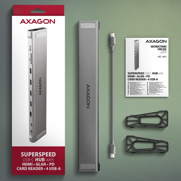 AXAGON HMC-10HLS, USB 5Gbps hub, 4x USB-A, HDMI 4k/ 60Hz, RJ-45 GLAN, SD/ mSD, PD 100W, kabel 25cm - obrázek č. 8