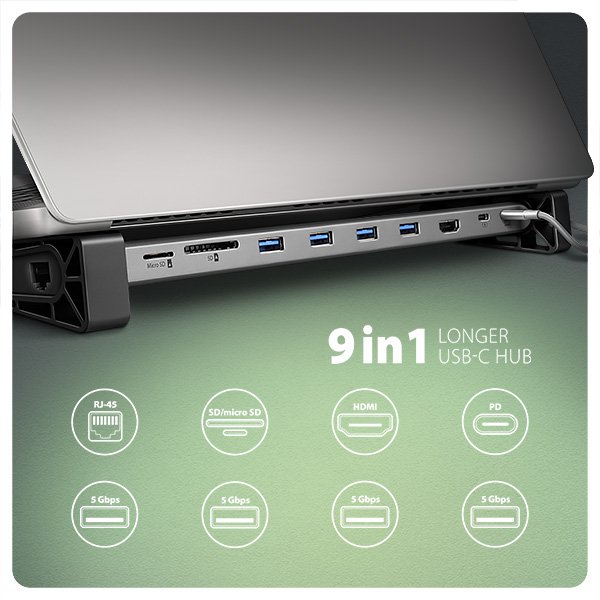 AXAGON HMC-10HLS, USB 5Gbps hub, 4x USB-A, HDMI 4k/ 60Hz, RJ-45 GLAN, SD/ mSD, PD 100W, kabel 25cm - obrázek č. 1