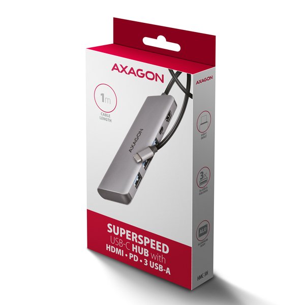 AXAGON HMC-5H, USB 5Gbps hub, 3x USB-A, HDMI 4k/ 30Hz, PD 100W, kabel USB-C 100cm - obrázek č. 6